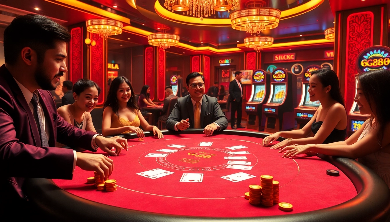 Experience thrilling gameplay at GG88, with a luxurious casino atmosphere featuring poker, chips, and vibrant slot machines.