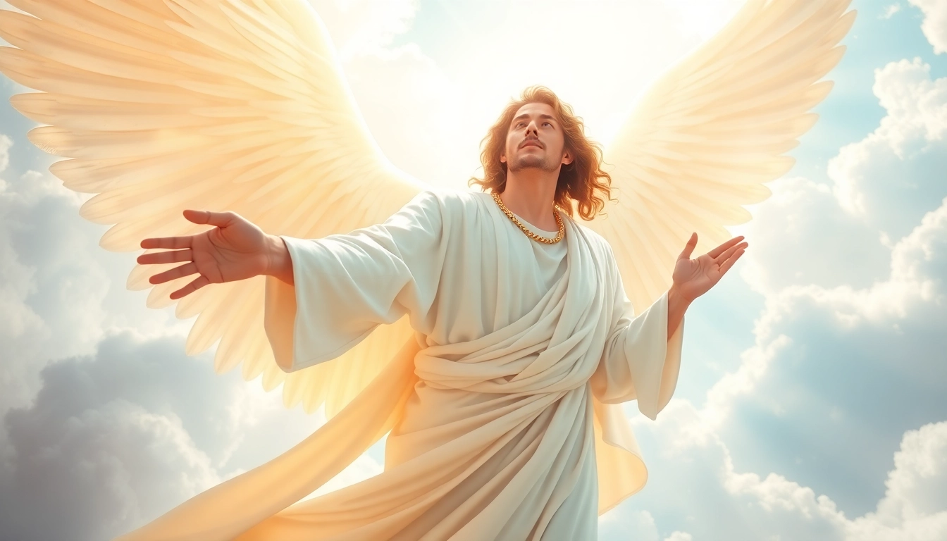 Erzengel Gabriel strahlt Licht und Frieden aus, umhüllt von himmlischen Wolken.