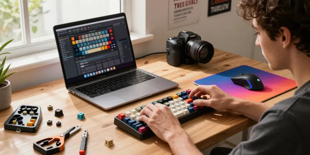 Assembling a custom Geek Keyboard with colorful keycaps and tools in a modern workspace.