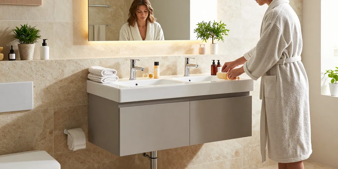 wastafelonderkast 140 cm elegant ontworpen met dubbele wastafels in een stijlvolle badkameromgeving, omringd door gezellige decoratieve elementen.
