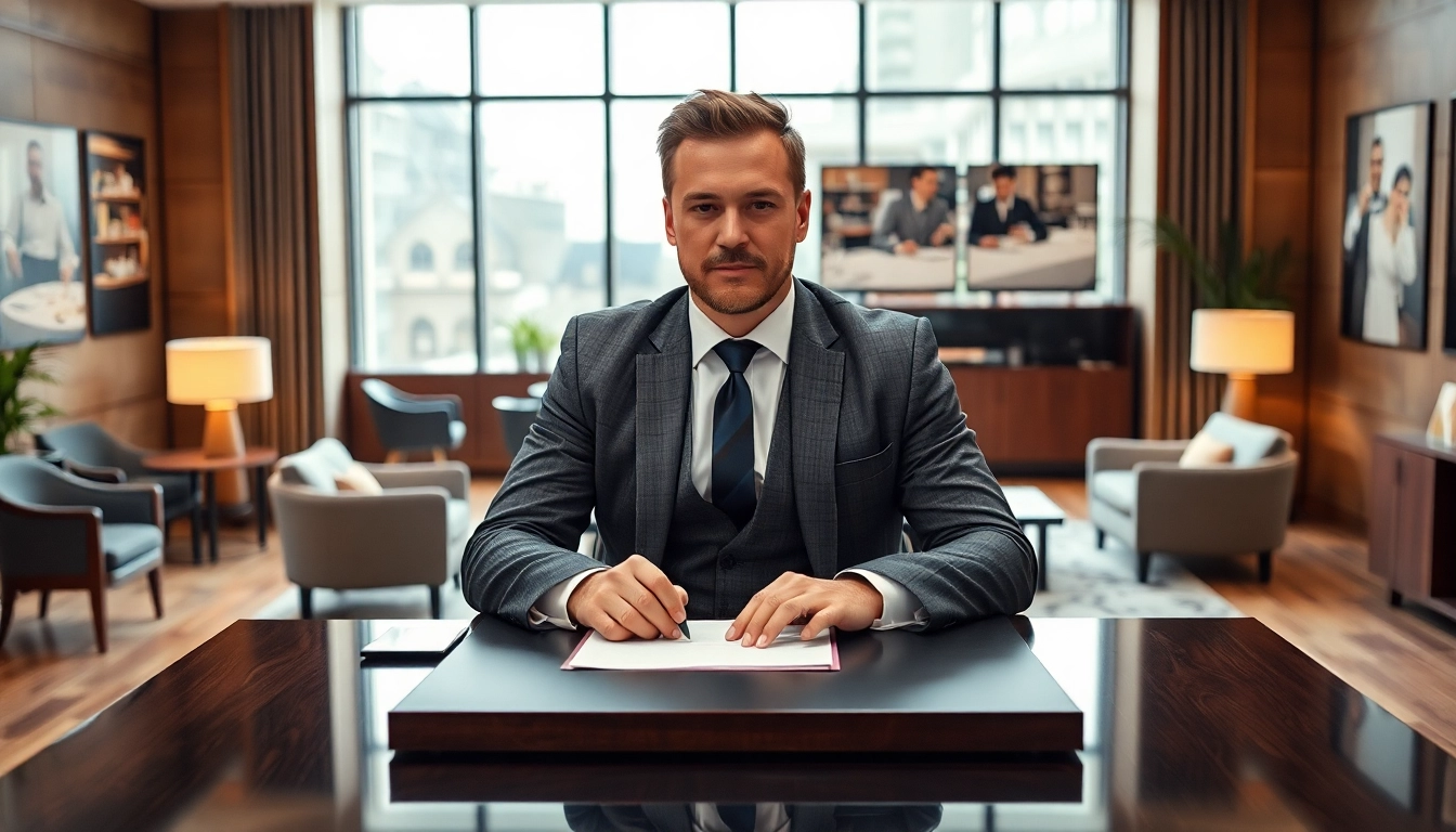 Headhunter Gastronomie bei der Arbeit in einem eleganten Büro mit Gastronomie-Motiven.