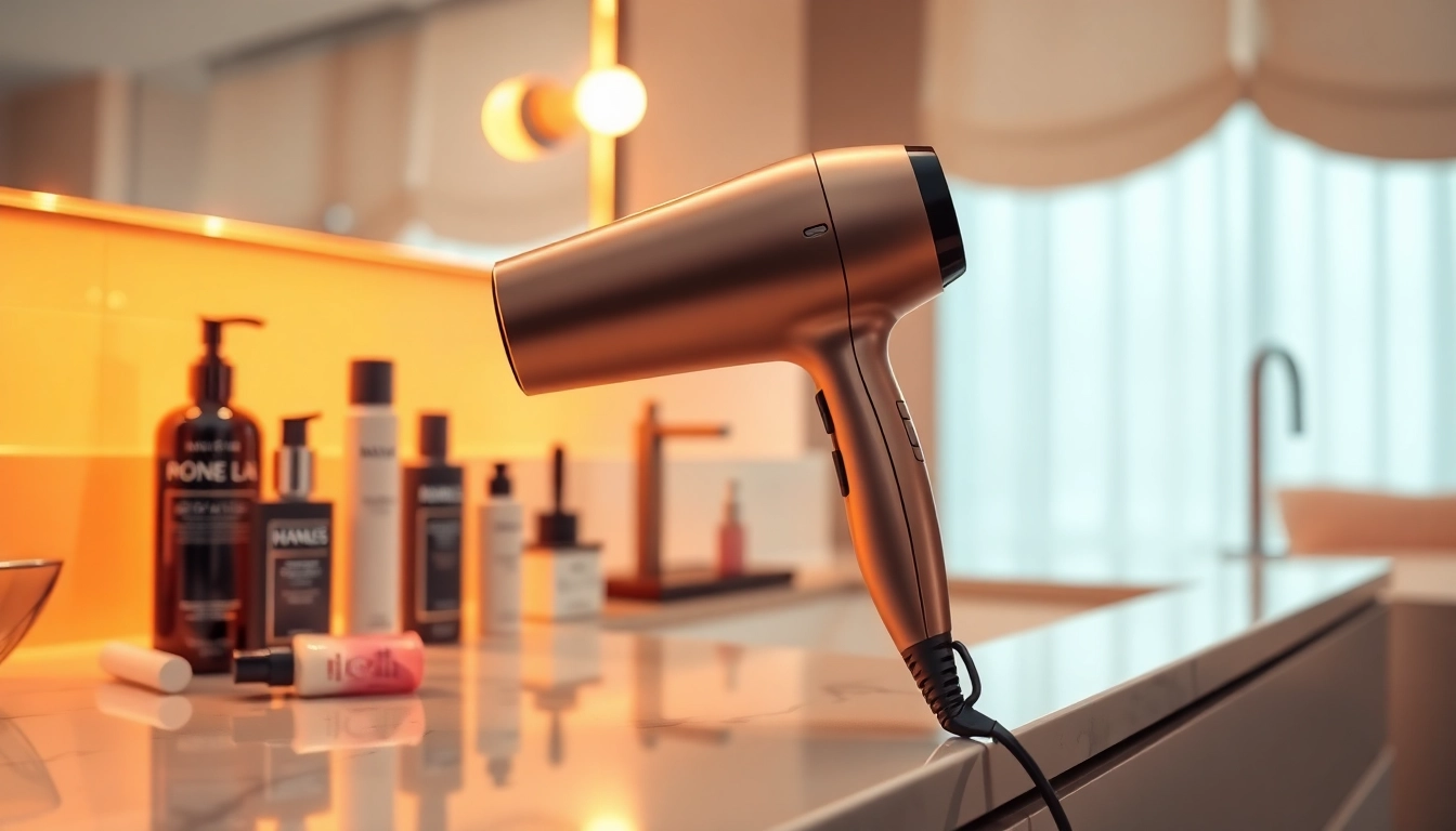 Laifen haartrockner auf einem eleganten Frisiertisch neben luxuriösen Beauty-Produkten.