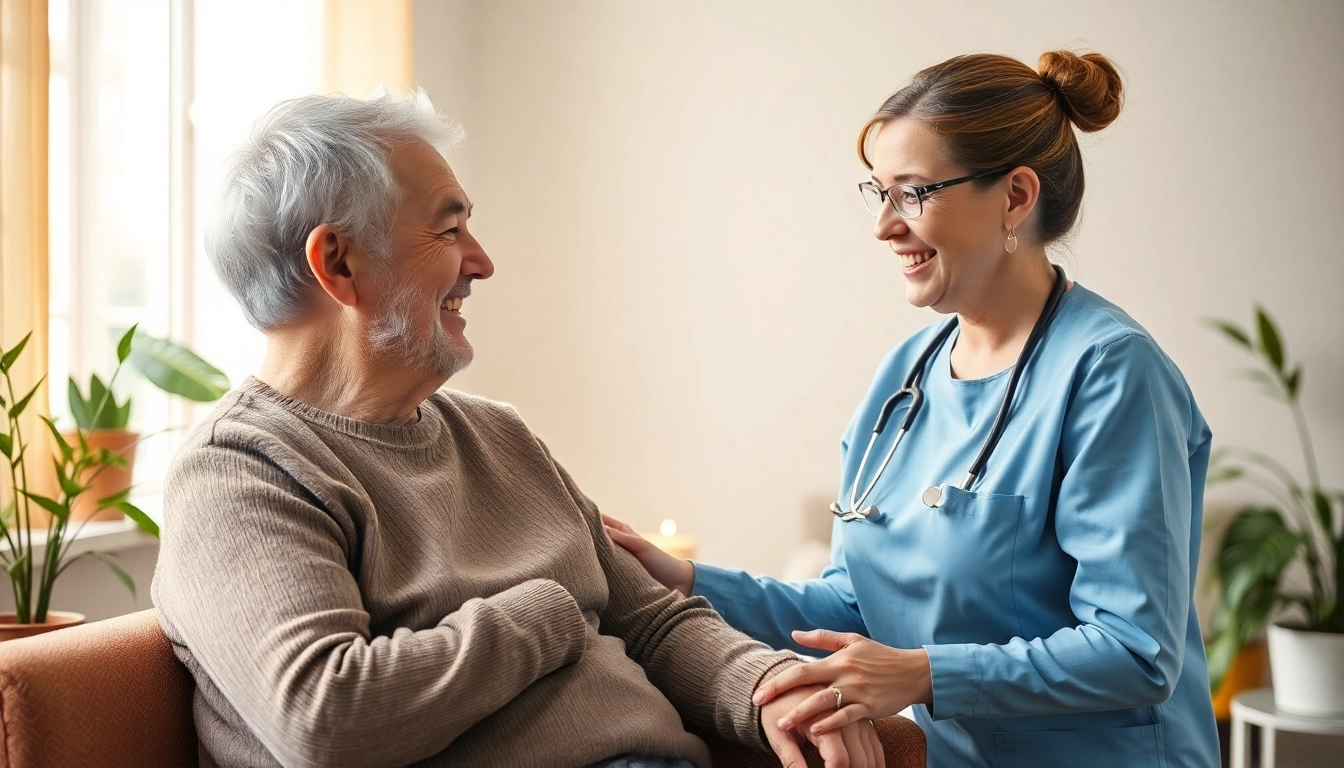 Pflegedienst in Aktion: Pflegekraft unterstützt einen älteren Patienten in vertrauter Umgebung.