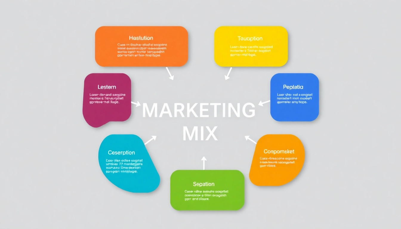 Visualisierung des 7p marketing mix mit Elementen wie Produkt, Preis und Promotion in einem ansprechenden Layout.