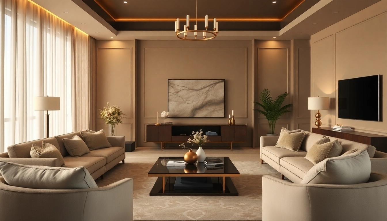 Luxury interior design showcasing opulent furniture and ambient lighting in a sophisticated setting.