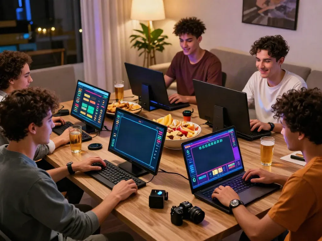 Engaged friends enjoying games at Nhà cái Uk88 online gaming setup.