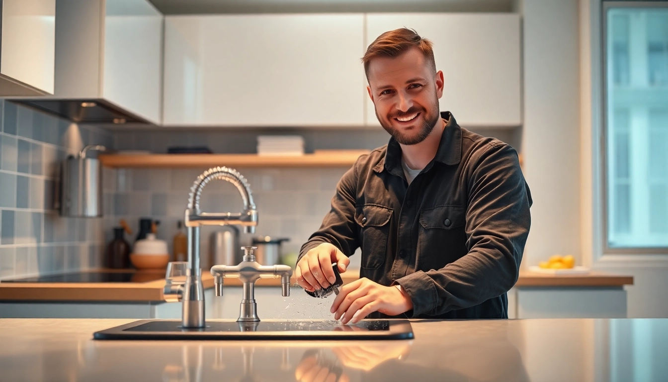 Der Sanitär Notdienst repariert professionell ein Wasserleck in einer modernen Küche.