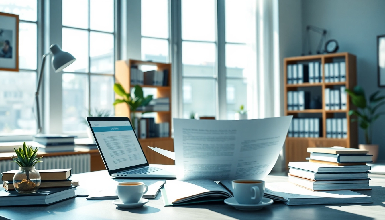 Vereidigter Übersetzer arbeitet konzentriert in einem professionellen Büro und präsentiert juristische Dokumente sowie Übersetzungswerkzeuge.