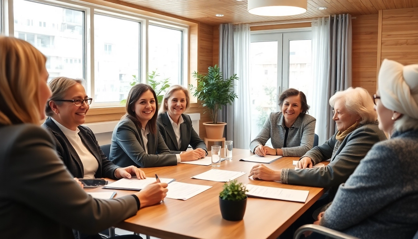 Pflegemarketing-Strategie Sitzung mit motivierten Mitarbeitern in einer modernen Pflegeeinrichtung.
