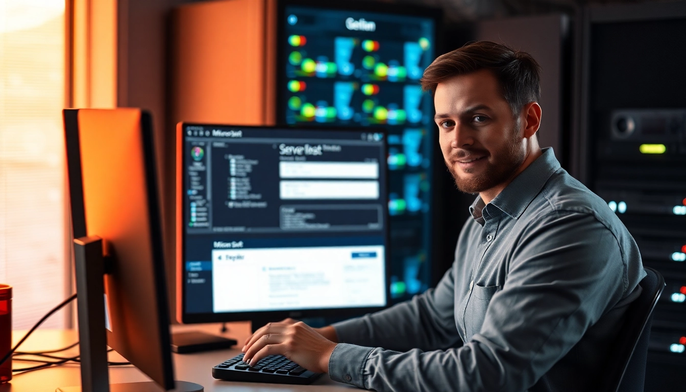 IT-Experte, der eine Microsoft Server Lizenz bestellen, arbeitet konzentriert an einem Computer.