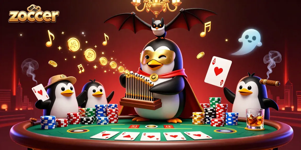 Zoccer casino penguin plays, shooting coins while bat acrobat dances, all around poker chips and cards.
