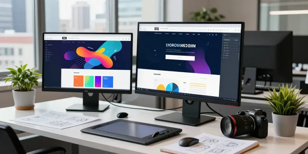 Webdesign Saarland: Kreatives Designstudio mit Designern und modernen Arbeitsmaterialien.