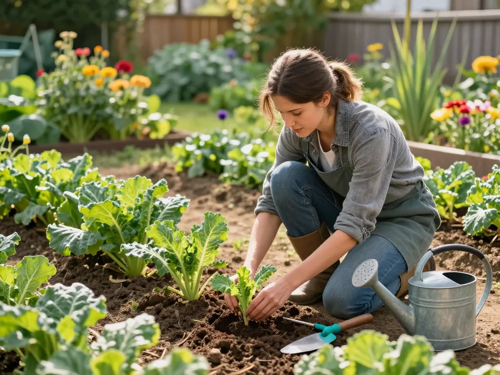 Gardener planting lauchpflanzen in a sunlit vegetable garden, surrounded by fresh greenery.