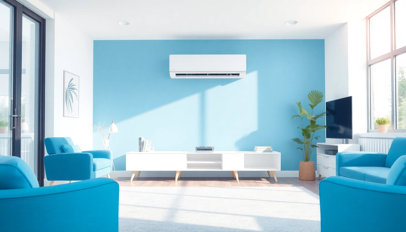 Klimaanlagen installation in a cozy living room, showcasing a modern split air conditioning unit with stylish decor.
