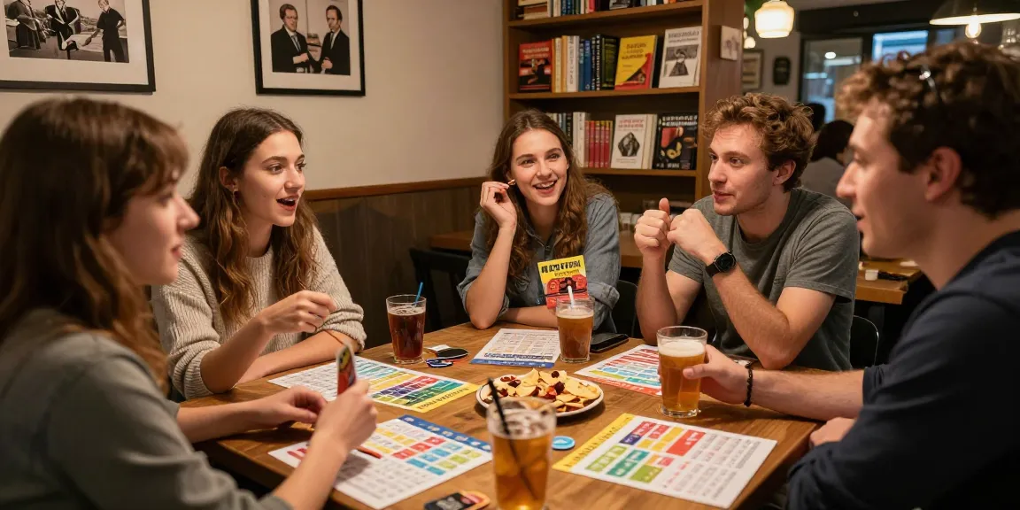 Quiz Allgemeinwissen Spielabend mit Freunden in einer gemütlichen Café-Atmosphäre.