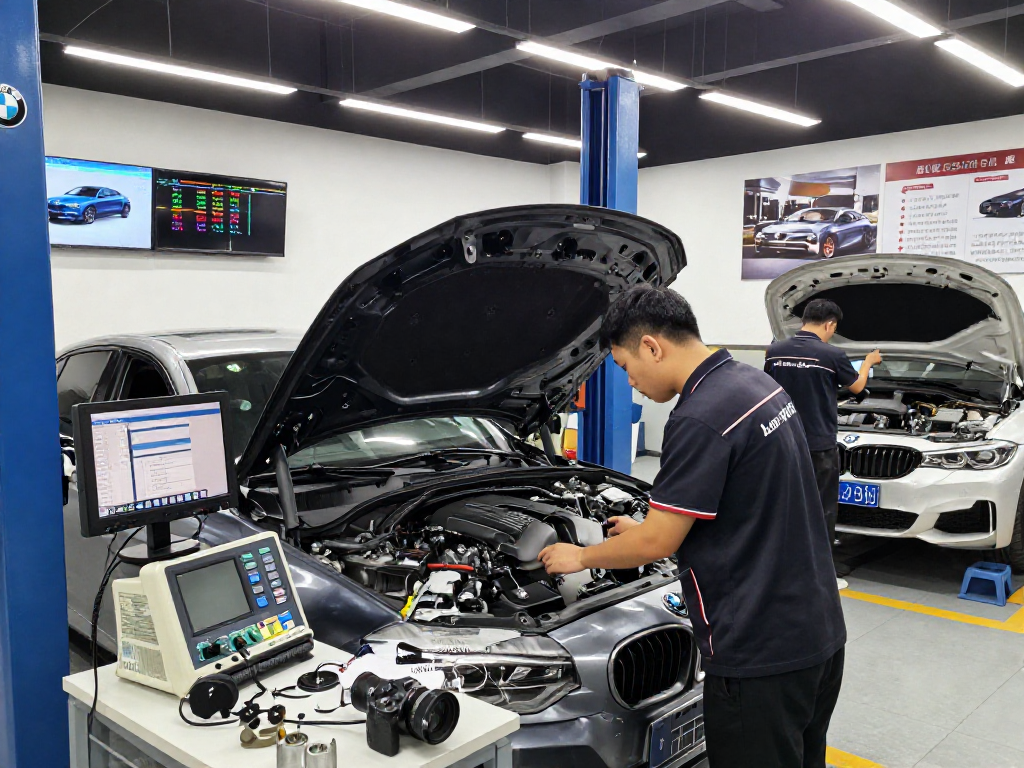 Professioneller BMW Werkstatt Hannover Service mit Technikern bei der Motorinspektion und DPF-Reinigung.