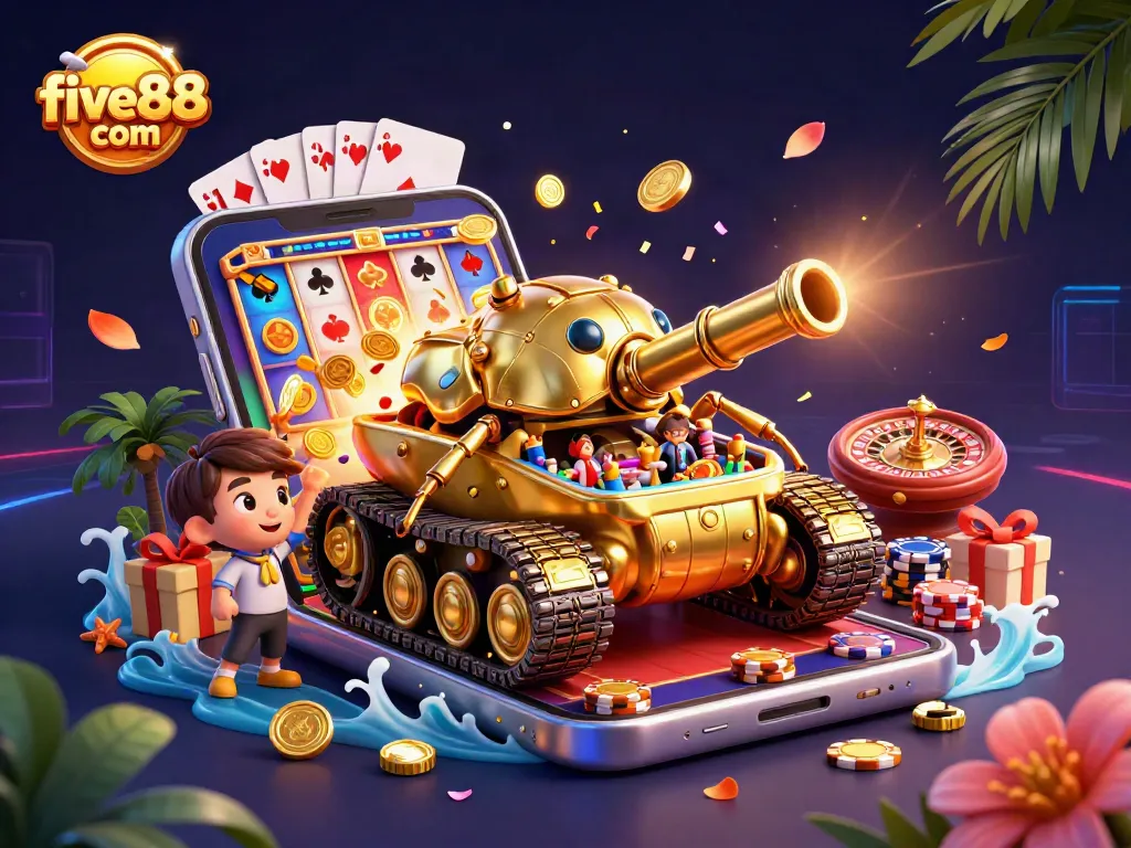 Experience the excitement at five88 com with a vibrant 3D casino scene featuring animated characters and gambling elements.