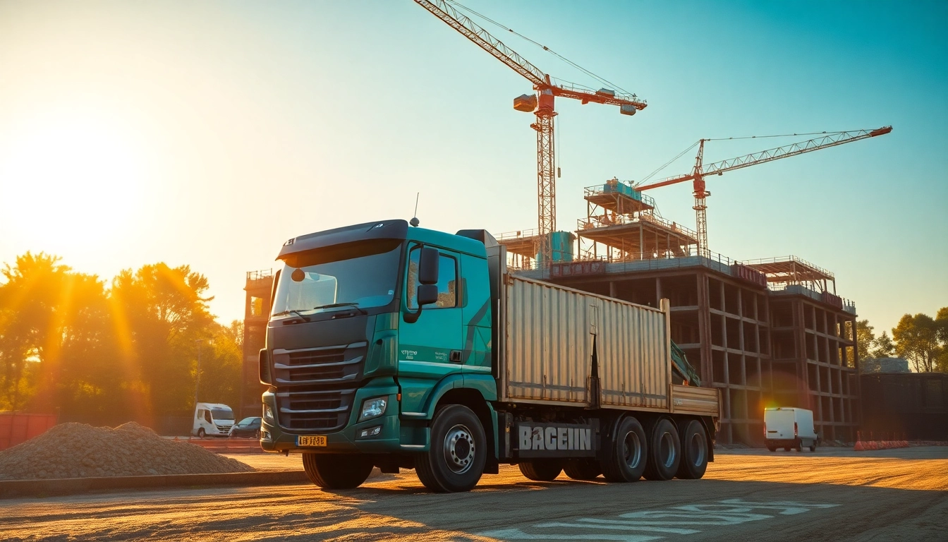Baggerverleih Hannover: Leistungsstarker Bagger auf einer Baustelle bei Sonnenuntergang, ideal für Bauprojekte.