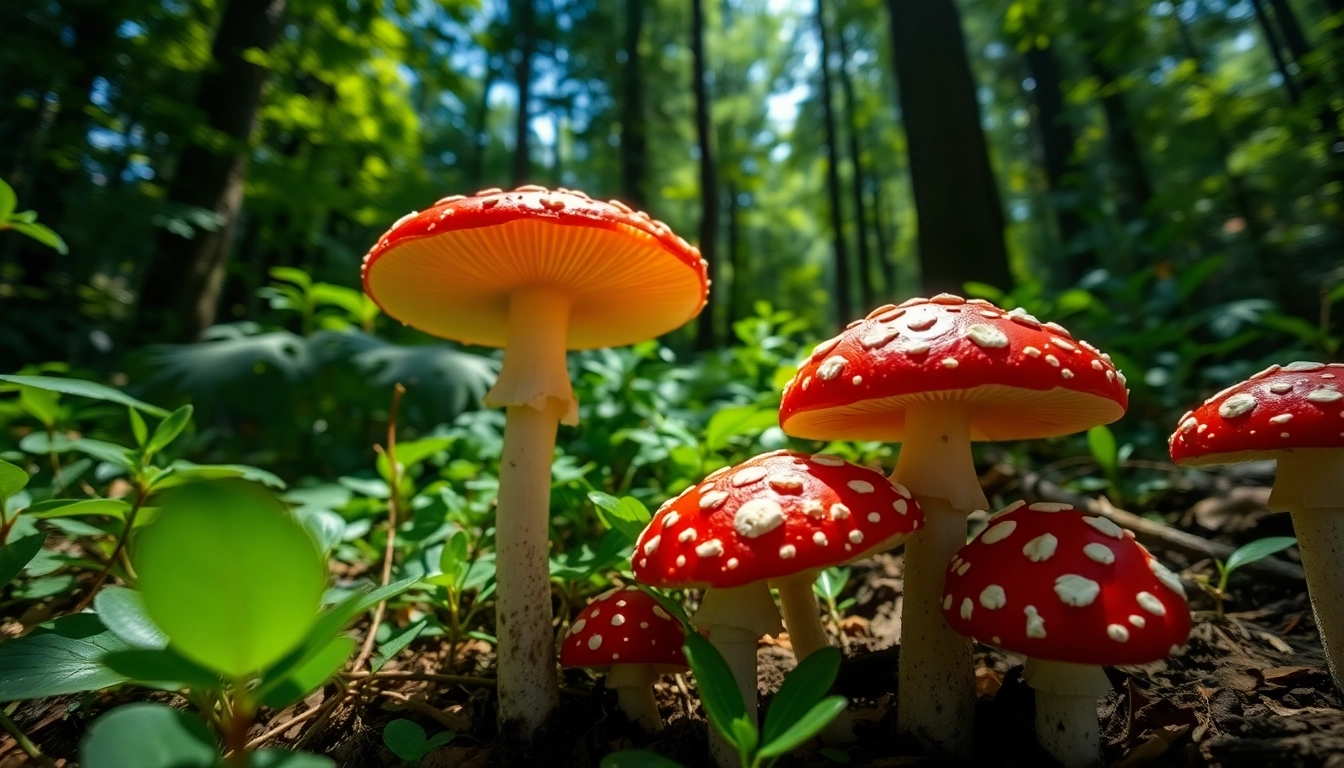 Amanita muscaria kaufen: Getrocknete Fliegenpilze mit leuchtend roten Hüten in natürlichem Umfeld.