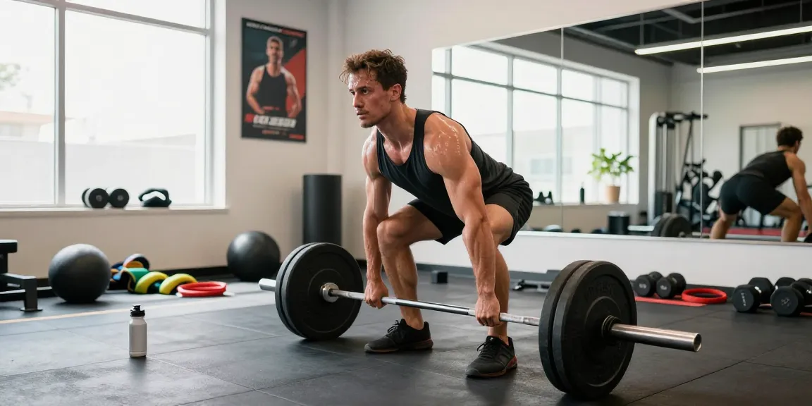 Mann trainiert im Steroidshop mit einem kraftvollen Kreuzheben in einem hellen Fitnessstudio
