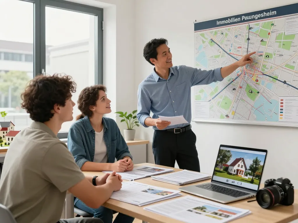 Immobilienmakler Frankfurt Preungesheim berät Kunden in einem hellen Büroumfeld und präsentiert fachkundige Immobiliendienstleistungen.