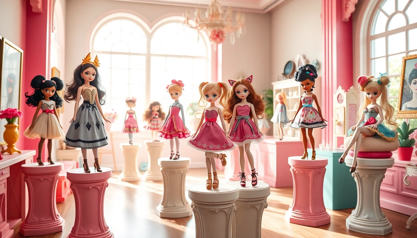 Die einzigartigen Gutdolls in einem bunten Ausstellungsraum, umgeben von lebhaften Dekoren.