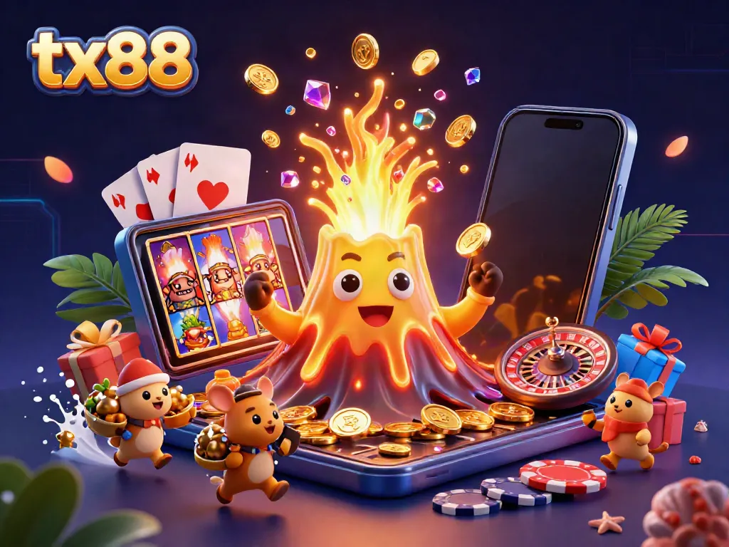 Experience the vibrant world of tx88 as golden coins erupt from a triumphant volcano amidst winning treasures.