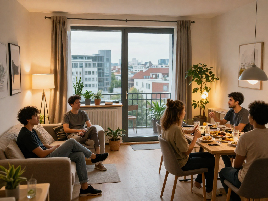 Monteurzimmer mieten Hannover: Gemütliches Apartment für Gruppen mit Arbeitsbereich und Entspannungsmöglichkeiten.