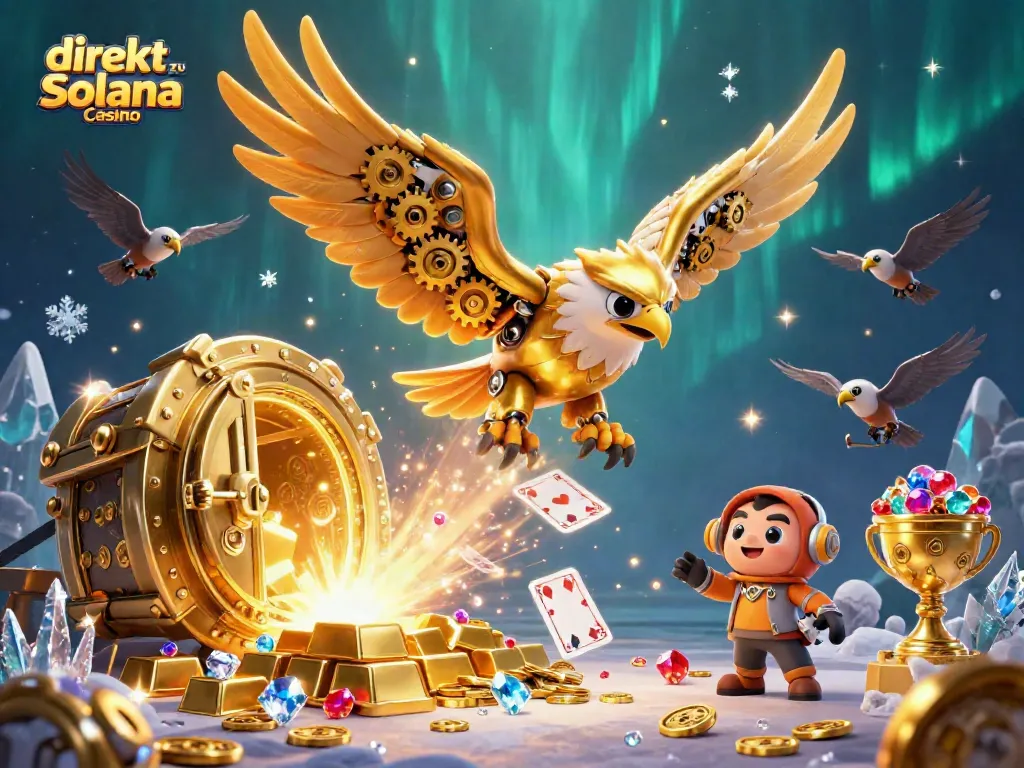 Spielen Sie direkt zu Solana Casino mit einem cybernetischen Adler in einer dynamischen Casino-Umgebung.