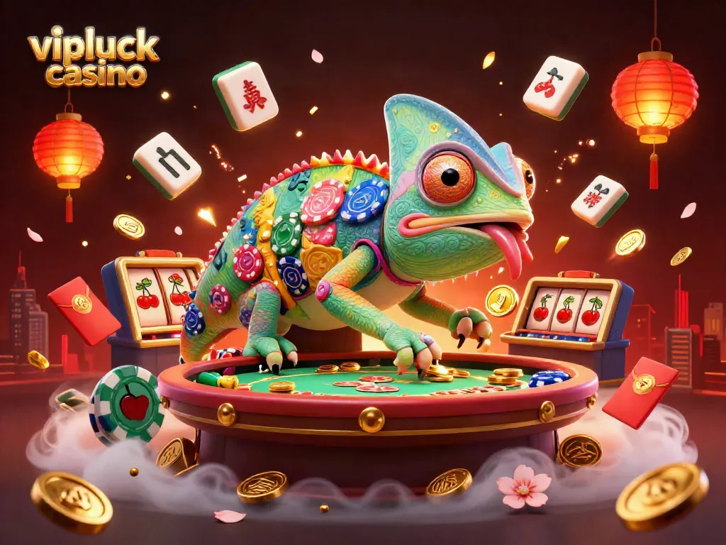 Experience the vibrant energy of vipluck casino with a dynamic 3D illustration of a chameleon owner amidst casino games.