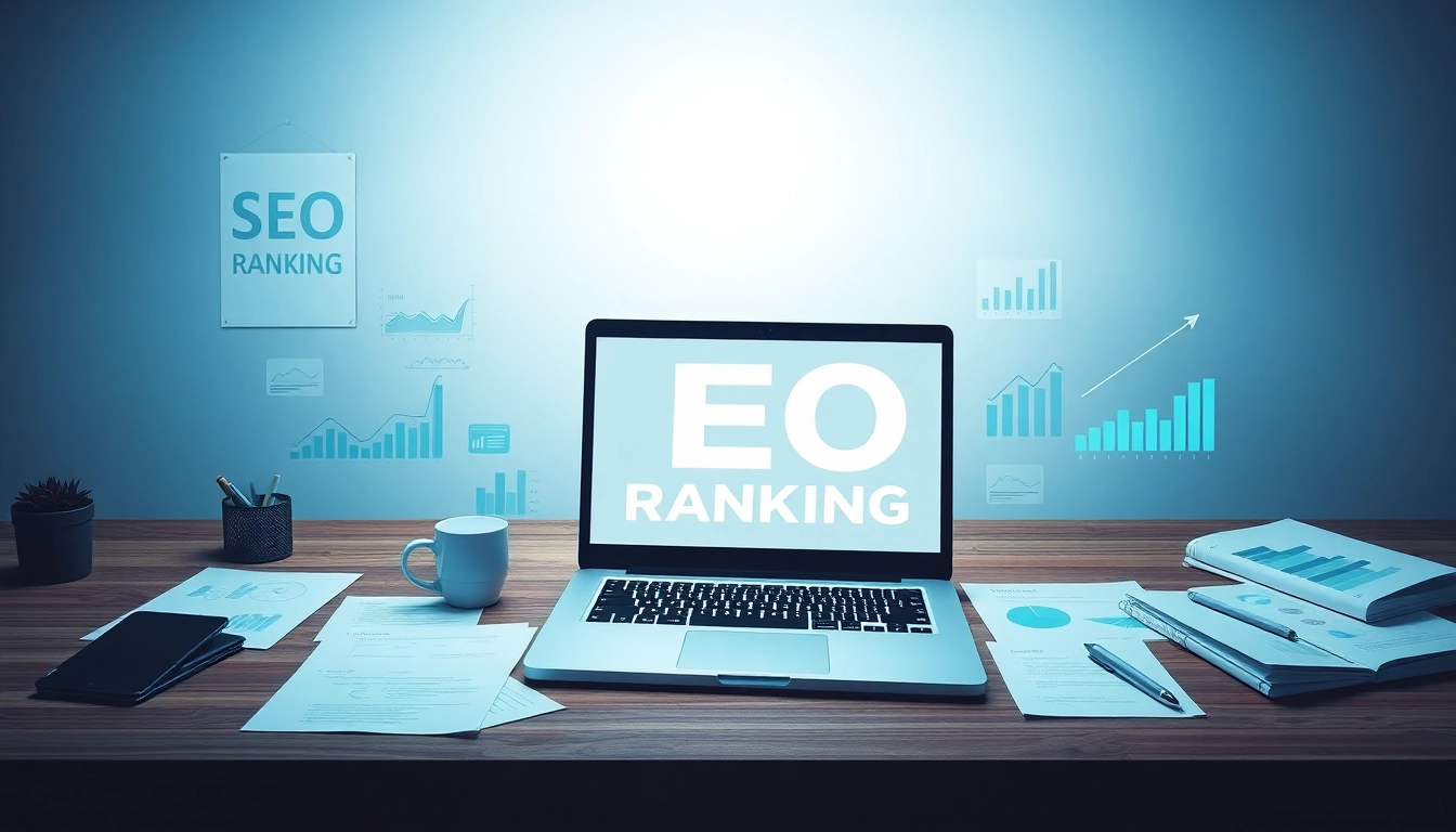 Visualisieren Sie den Prozess des SEO-Rankings mit einem Laptop und aufsteigenden Grafiken, um den Erfolg zu zeigen.