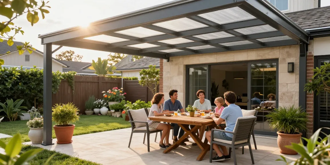 Moderne Terrassenüberdachung in einem Familiengarten mit entspannten Menschen.
