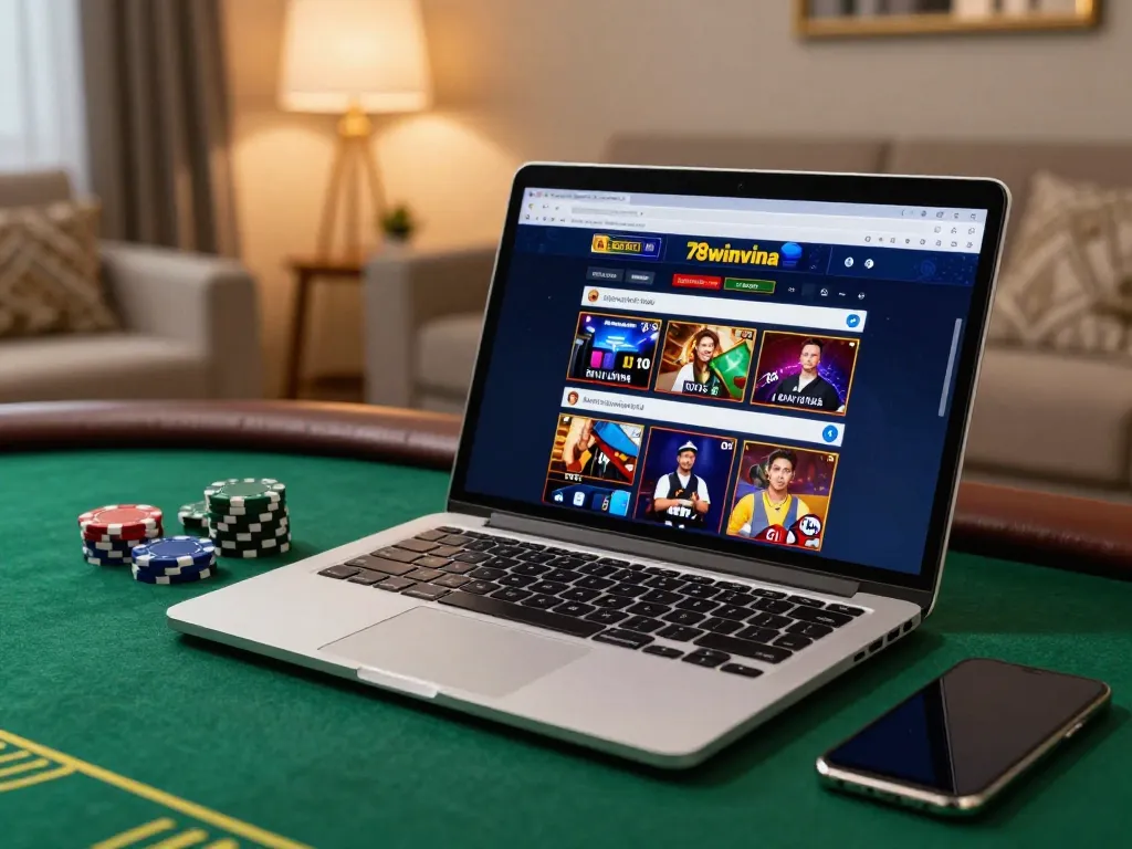 Engaging with the 78winvina casino interface on a laptop, capturing the excitement of online gambling.
