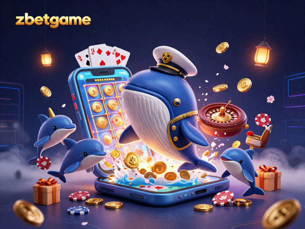 Experience the excitement of zbetgame with a vibrant 3D illustration featuring a whale, dolphins, and casino elements.