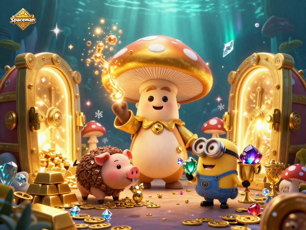 Engaging players, the spaceman wizard casts magical treasures in a vibrant casino-themed scene.