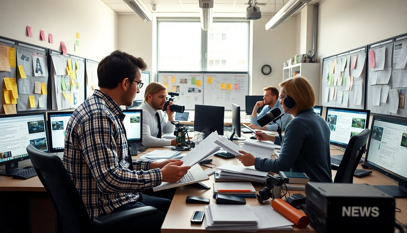 Aktuelle Meldungen im Editorial-Büro, Journalist diskutiert Nachrichten.