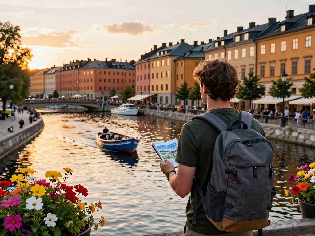Reisetipps Stockholm: Reisender genießt den Sonnenuntergang über den Kanälen, Rucksack und Reiseführer in der Hand.