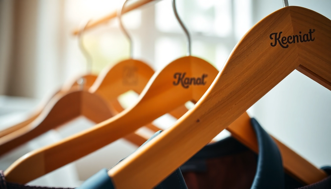 Kleiderbügel mit eigenem Logo präsentieren eine elegante Auswahl an personalisierten Holz-Gleitern für Ihre Marke.