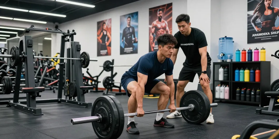 Bodybuilder performing deadlifts in a gym, illustrating the commitment to fitness and products from Anabolika Shop.