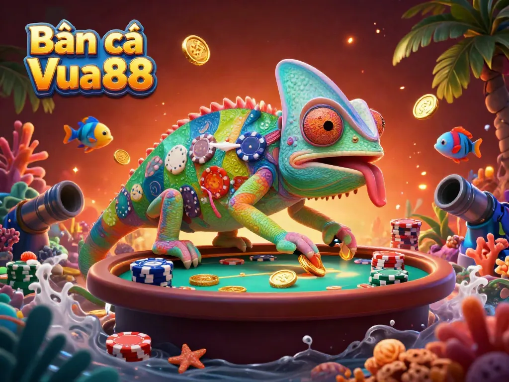 Bắn cá Vua88 underwater adventure with dynamic chameleon character capturing coins amidst vibrant sea elements.