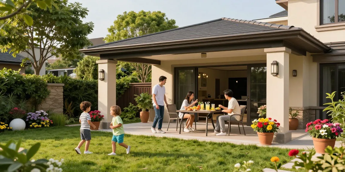 Freistehende Terrassenüberdachung in einem Garten mit Familie und Kindern.