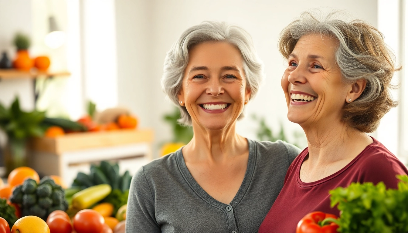 Ältere Frau symbolisiert Gesundheitsbewusstsein und Gewichtsverlust mit frischem Obst und Gemüse.