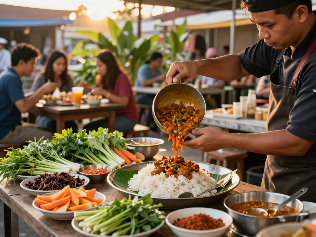 Chef at rokok88 preparing Nasi Kandar with fresh ingredients and vibrant curries.