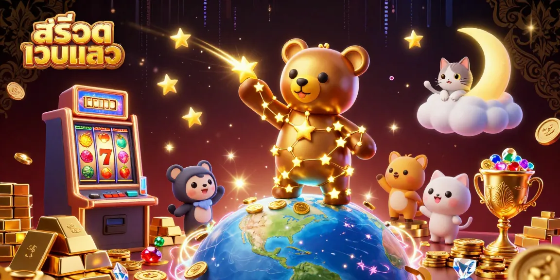 Play สล็อตเว็บตรง with vibrant 3D treasures, slot reels, and lucky symbols in a captivating scene.