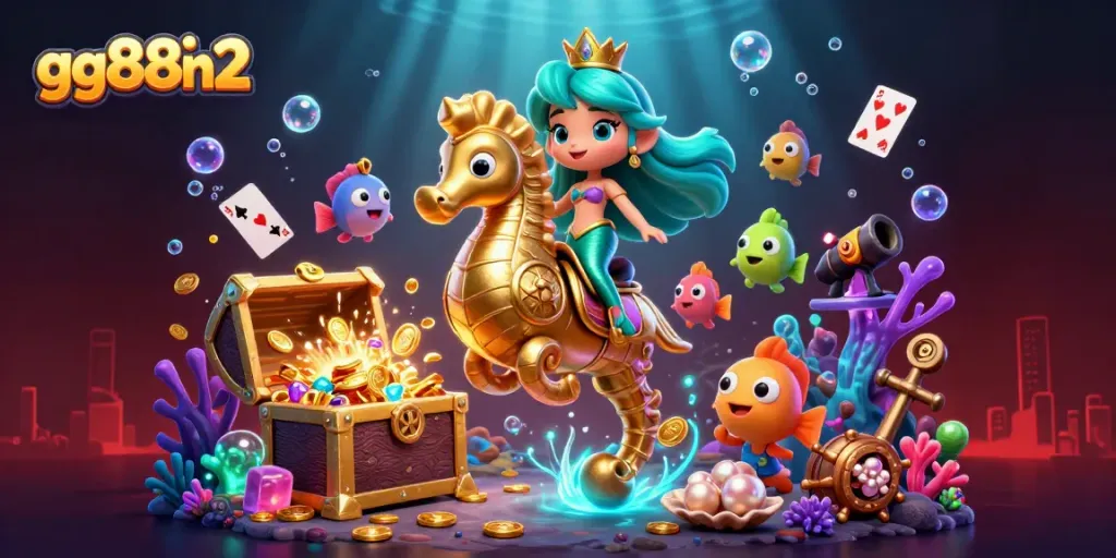 Experience the magic of gg88n2 with a vibrant underwater casino scene featuring a mermaid and whimsical sea creatures.