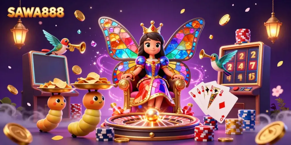 Experience the thrilling world of SAWA888 with vibrant characters and dazzling casino elements.
