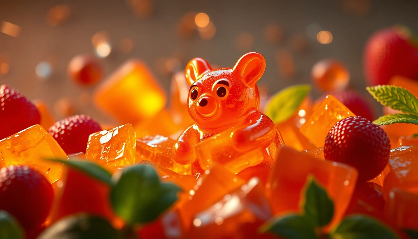 Verlockende thc gummy in bunten Farben, die auf einem hellen Hintergrund aus frischen Früchten präsentiert werden.