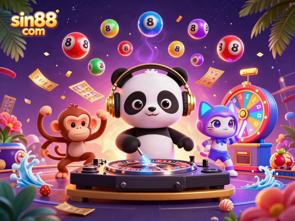 Spin exciting jackpots with sin88 com as a DJ panda spins roulette in a vibrant casino scene.