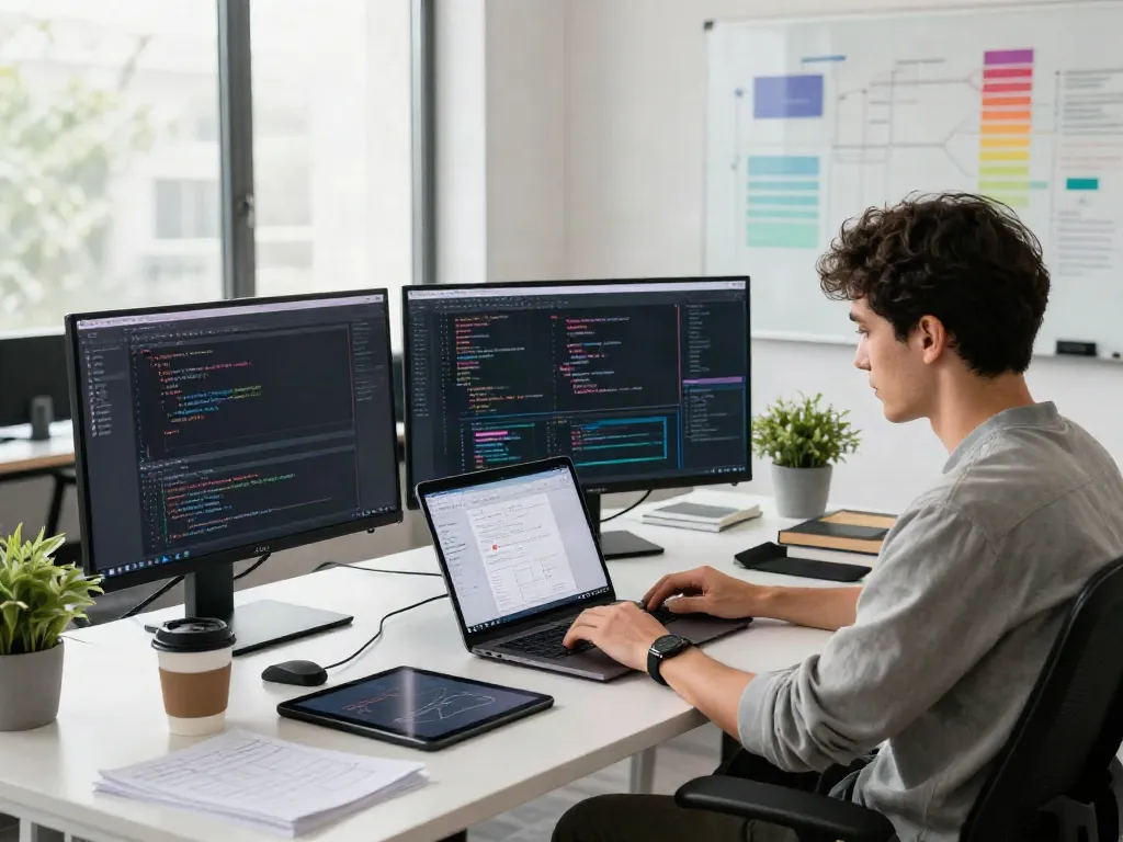 Developer showcasing LLM API provider integration in a modern tech workspace.