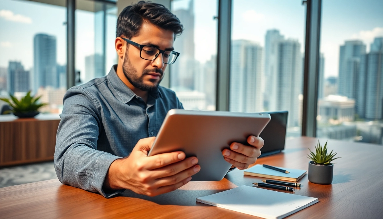 Evodrop Beobachter analysiert Daten in einem modernen Büroraum mit digitalem Tablet.